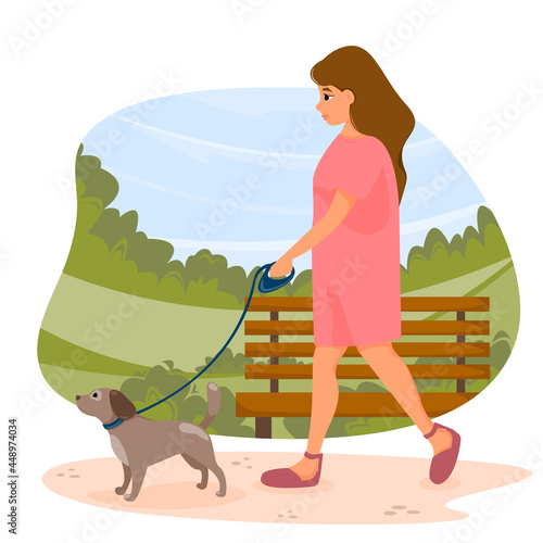 Girl in dress walking with dog on leash in summer park. Vector illustration.