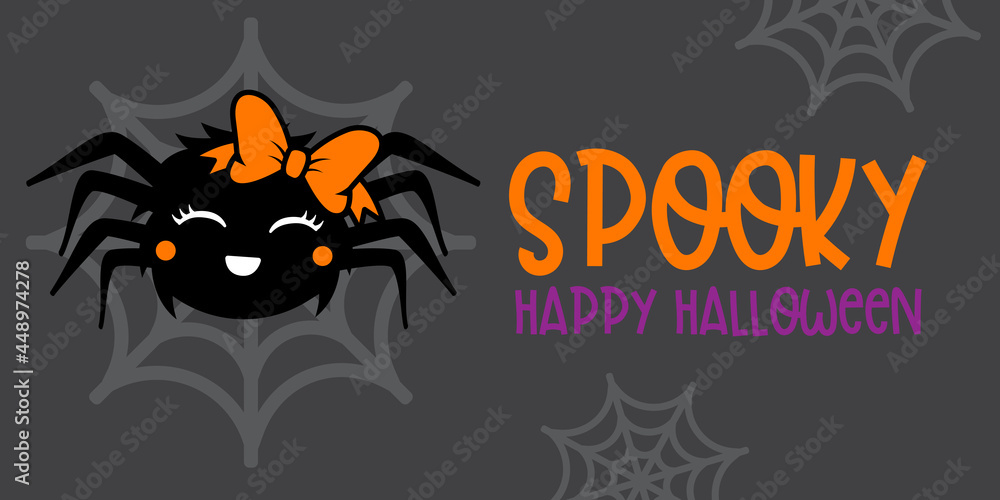 Cute Girl Spider With Orange bow - Halloween hand drawn on t-shirt design, greeting card or poster design Background Vector Illustration..