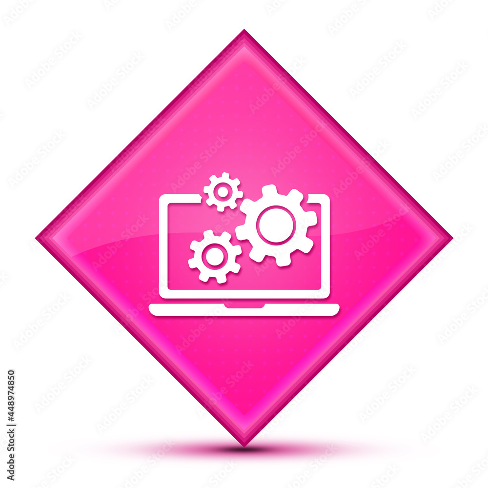 Laptop and gears icon isolated on special blue diamond button illustration Laptop and gears icon isolated on special blue diamond button illustration