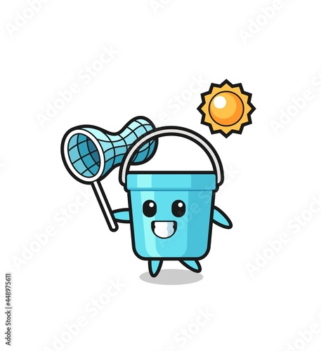 plastic bucket mascot illustration is catching butterfly