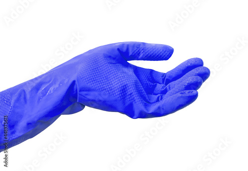 Hand in blue rubber glove isolated on a white background