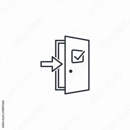 Door with a check mark. Right chosen direction, true path. Vector linear icon isolated on white background.