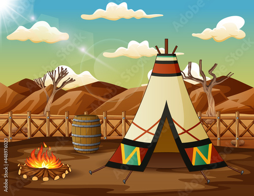 Illustration of american indian tent house and fire in the desert
