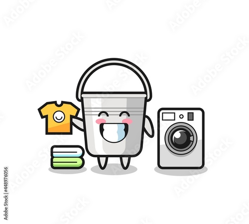 Mascot cartoon of metal bucket with washing machine