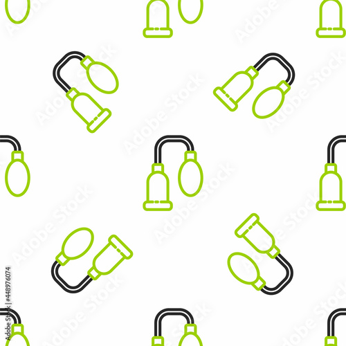 Line Penis pump icon isolated seamless pattern on white background. Penis enlarger. Sex toy for men. Vacuum pump with a blower to increase the penis. Vector Illustration