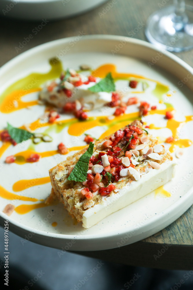 Traditional Russian honey cake with strawberry and almond Traditional Russian honey cake with strawberry and almond