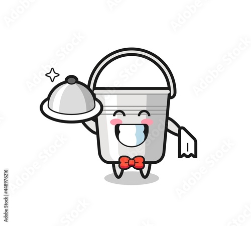 Character mascot of metal bucket as a waiters