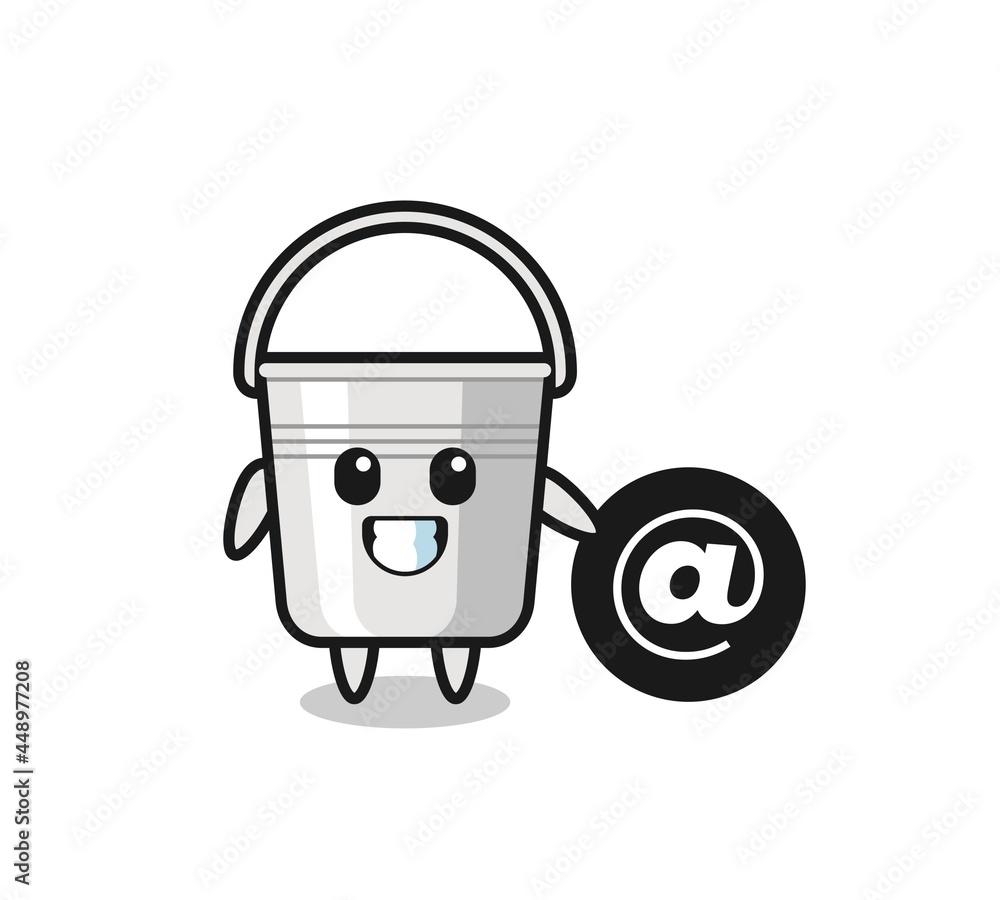 Cartoon Illustration of metal bucket standing beside the At symbol Cartoon Illustration of metal bucket standing beside the At symbol