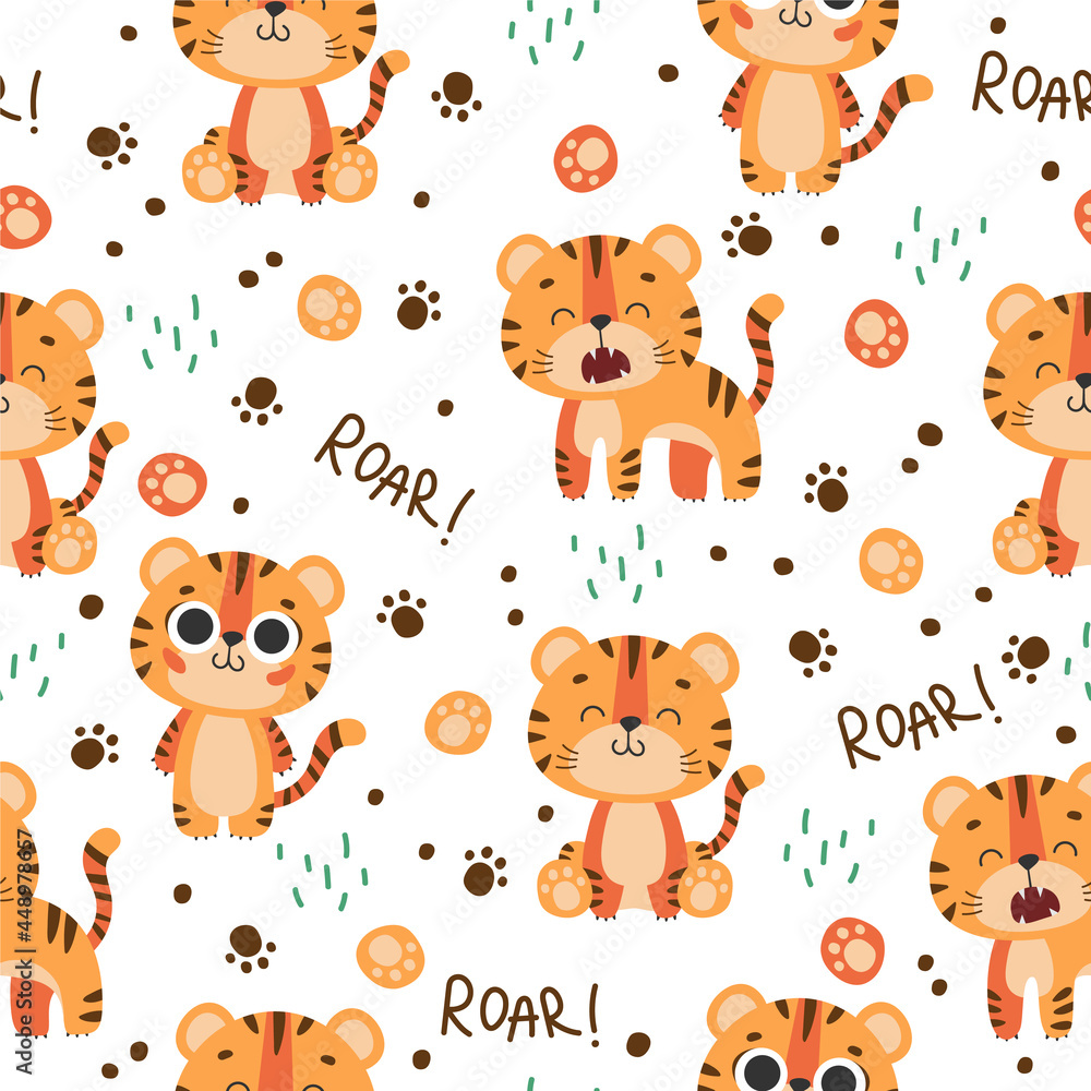 Seamless pattern with cute tiger, muzzles tiger cub with brown stripes, symbol of new 2022 year on white background. Vector illustration for postcard, banner, web, decor, design, arts, calendar.