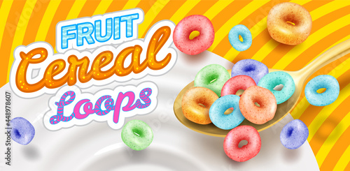 Fast breakfast - round colored cereals flakes falling into milk from spoon, product packaging mockup cover, vector illustration.