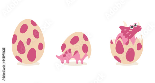Egg pink dino, cute dinosaurus, Triceratops isolated on white. Vector illustration for postcard, banner, decor, design, arts, web, calendar, advirtising.