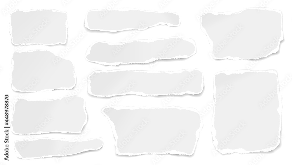Set of torn white note, notebook paper stripes stuck on white background for text, advertising. Vector illustration