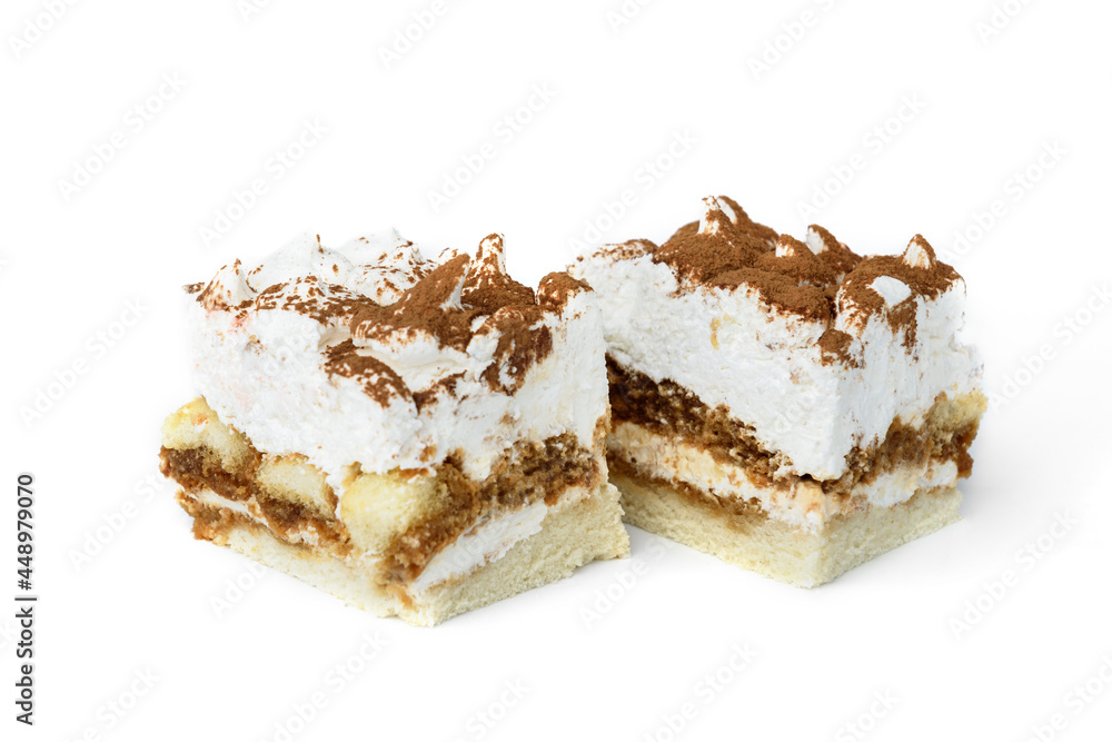 Slice of tiramisu cake isolated on white background. Slice of tiramisu cake isolated on white background.