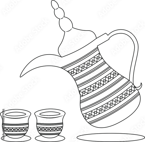 coloring book kettle with Emirati green coffee for holy month of Ramadan, arabic golden teapot with oriental ornament and cups, islamic design for muslims, illustration for web site