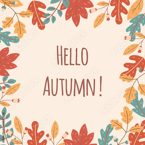 Autumn seasonal frame of leaves and berries. Template for banner ads, letters, notepad.