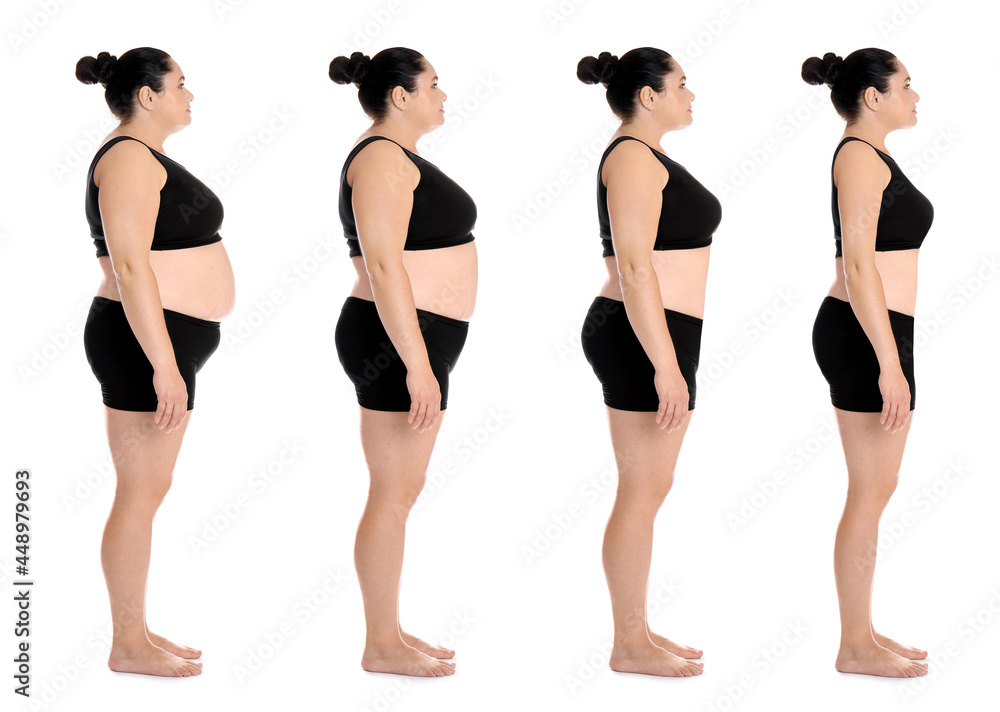 Collage with photos of woman before and after weight loss diet on white background Collage with photos of woman before and after weight loss diet on white background