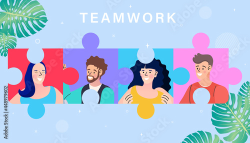 Business people assembling jigsaw puzzle and represent team support. Concept of teamwork, business cooperation, collective project work. Modern flat colorful vector illustration.