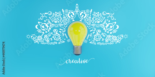 Light bulb and doodles icons. creative idea and innovation concept, 3d illustration