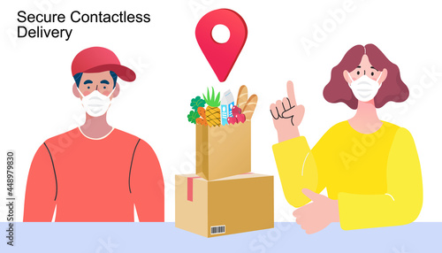 Delivery man with face mask holding box. Safe food delivery at home during coronavirus covid-19 epidemic delivery man holding a bag with fast food, he is wearing a face mask and gloves.