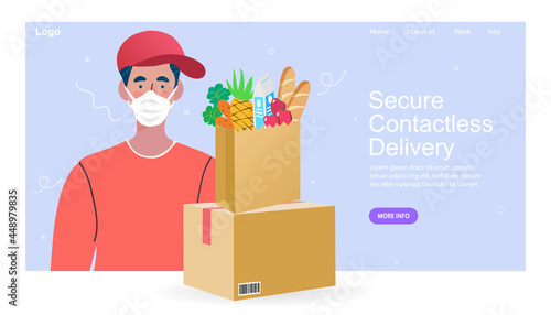 Delivery man with face mask holding box. Safe food delivery at home during coronavirus covid-19 epidemic delivery man holding a bag with fast food, he is wearing a face mask and gloves.