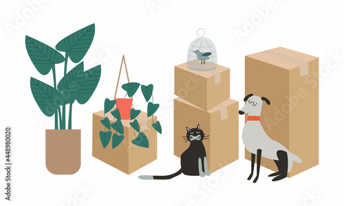 Moving to a new home. The family moved to a new home. Paper cardboard boxes with various household items. Vector illustration in a flat style.