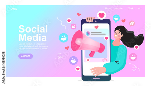 A happy woman uses a megaphone to announce a social media marketing campaign from a smartphone. This concept with like and love icons illustrates online engagement and digital promotion.