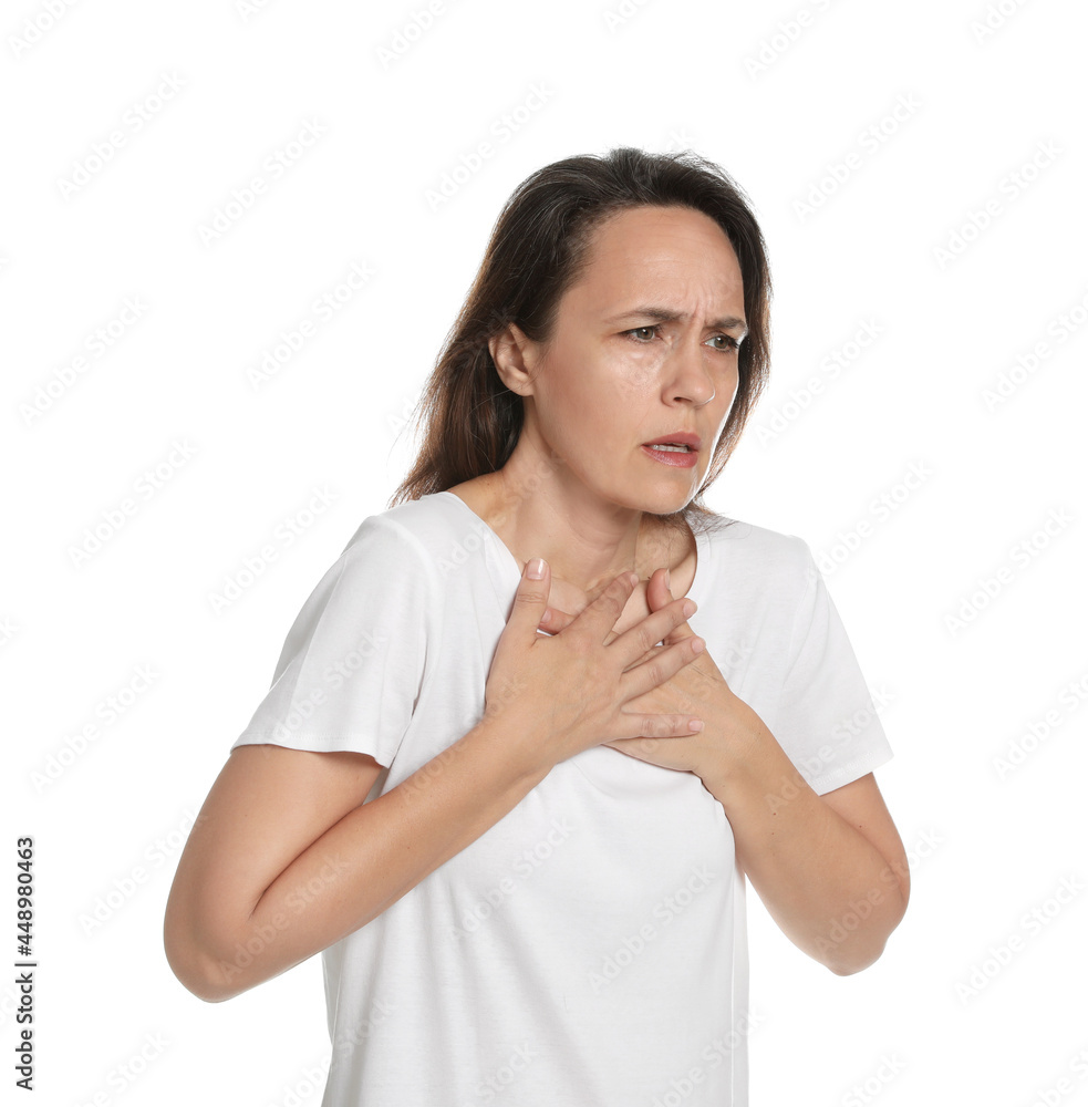 Mature woman suffering from breathing problem on white background Mature woman suffering from breathing problem on white background