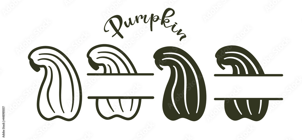 Two-color pumpkins with horizontal empty frame for text and stencils of an extended pumpkin.