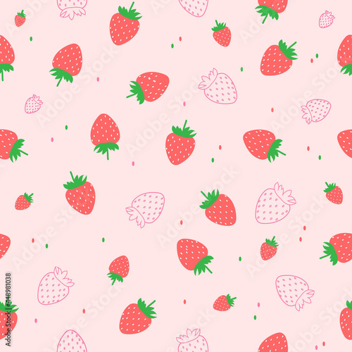 Red strawberry and outline strawberry seamless pattern with pink pastel background color  Vector Illustration.