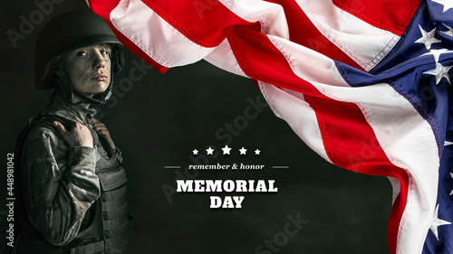 Devotion to duty. Design for card, poster for Veterans day, Memorial day. American female soldier next to USA flag isolated over grey background.