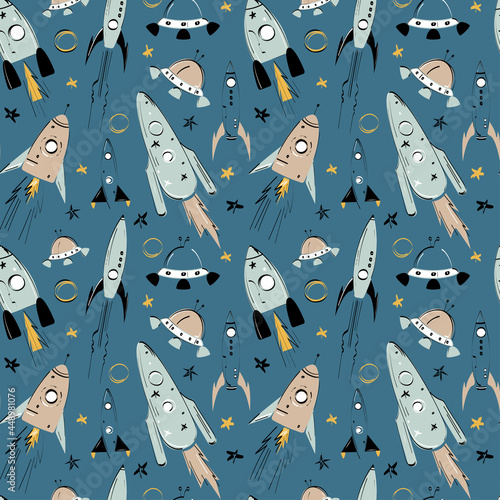 Seamless vector space pattern with rockets, stars for different kids design