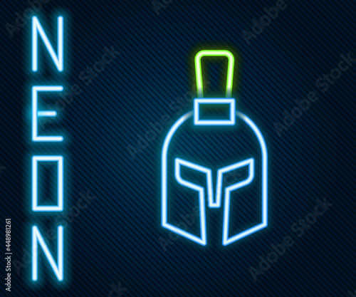 Glowing neon line Greek helmet icon isolated on black background. Antiques helmet for head protection soldiers with a crest of feathers or horsehair. Colorful outline concept. Vector