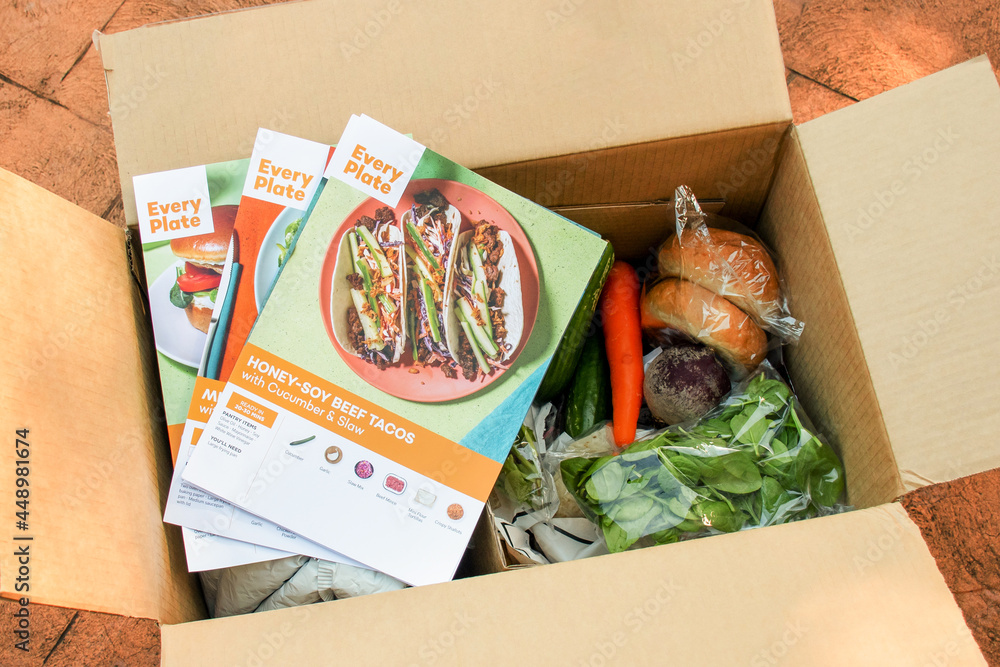 Sydney, Australia 20210717 Every plate meal kit in a cardboard box. EveryPlate is actually