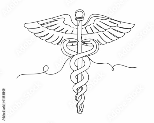 Continuous one line drawing of caduceus medical symbol in silhouette on a white background. Linear stylized.Minimalist.