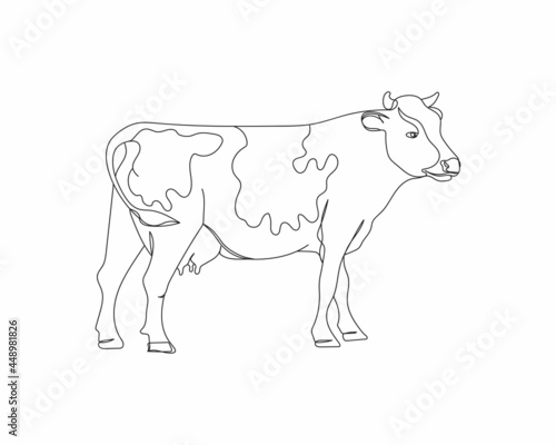 Continuous one line drawing of cow farm concept in silhouette on a white background. Linear stylized.Minimalist.