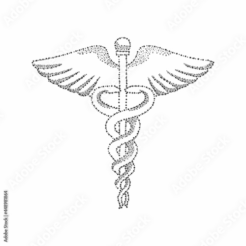 Dot painting in silhouette of a caduceus medical symbol. Minimal style. Sketch. Perfect for cards, party invitations, posters, stickers, clothing. Abstract vector illustration.