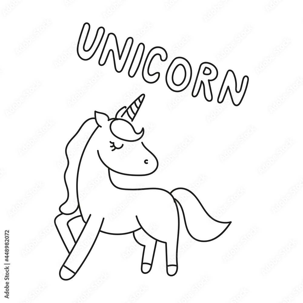 Cute unicorn doodle coloring page with animal and lettering.