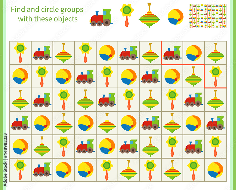 Logic game for children. Divide and circle the groups with the objects shown at the top Logic game for children. Divide and circle the groups with the objects shown at the top