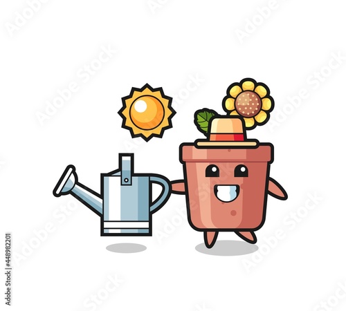 Cartoon character of sunflower pot holding watering can