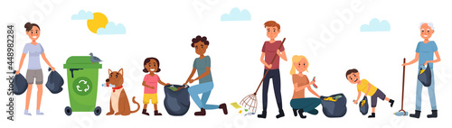 People clean up garbage. Parents and children collecting the trash and picking plastic litter. Family working together. Vector illustration.