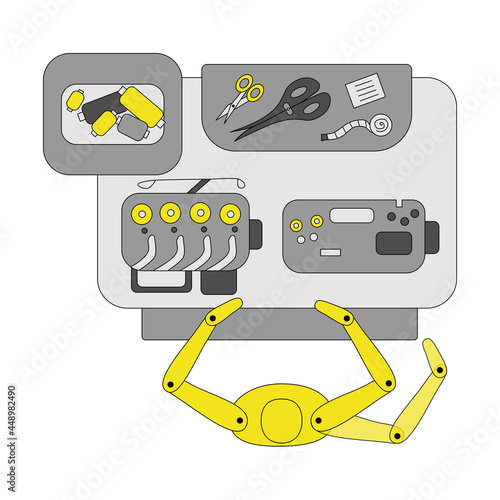 Workplace for a tailor, flat vector illustration. Cartoon needlework, seamstress dressmaker, design studio, table interior with sewing machine, sewing tools.