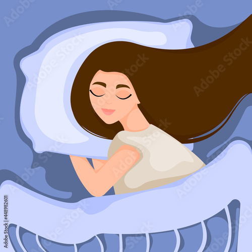 Girl sleeping at night in bed under duvet. Concept of healthy sleep.
Cute woman sleeping on pillow. Vector illustration in flat style.