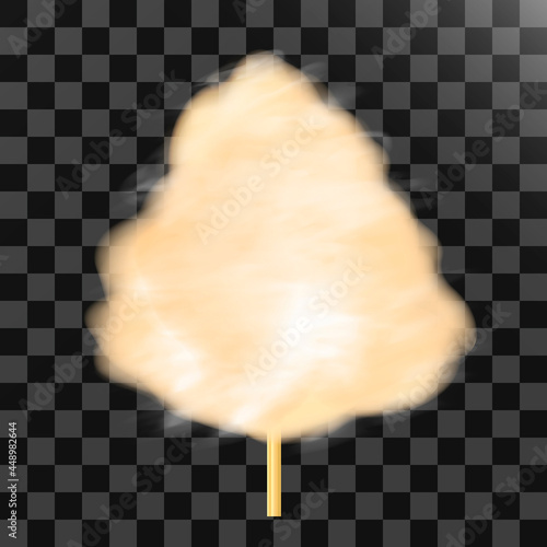 Orange cotton candy. Realistic cloud of sugar on a wooden stick. 3D vector. Realistic illustration isolated