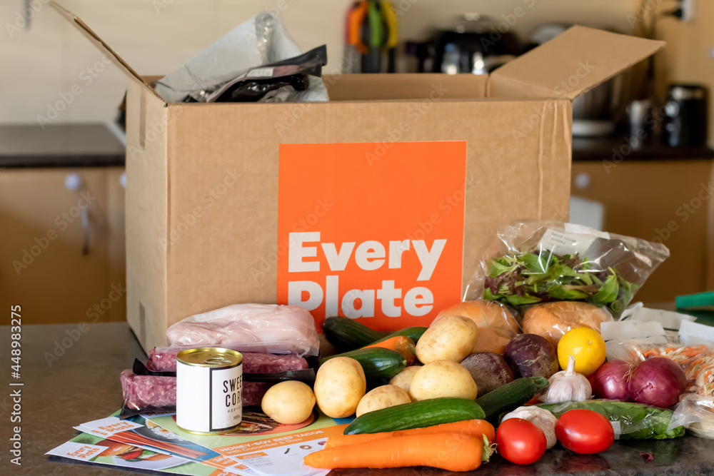 Sydney, Australia 20210717 Every plate meal kit in a cardboard box on a kitchen counter
