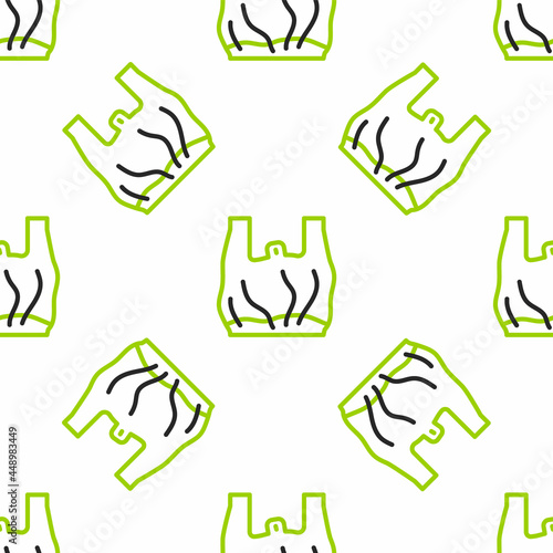 Line Say no to plastic bags poster icon isolated seamless pattern on white background. Disposable cellophane and polythene package prohibition sign. Vector