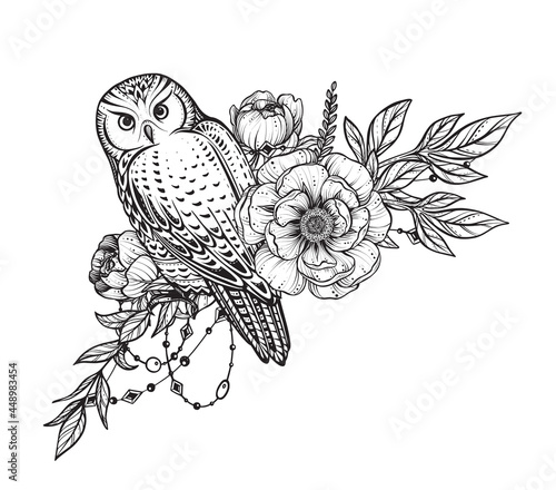 Vector illustration of black and white owl, peony flowers, branches, beads isolated on white background