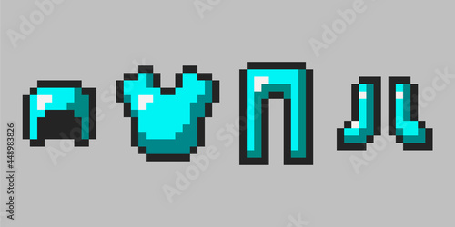 Emerald pixel armor isolated on gray background. 8-bit style defense drawn in flat style. Pixel game objects. Vector illustration