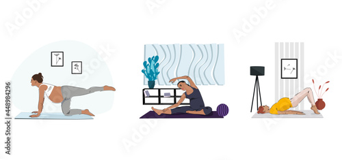 Yoga for pregnant women. Collection of active sports mothers for workout pilates, relaxing body exercises. Homework exercise for prenatal yoga.