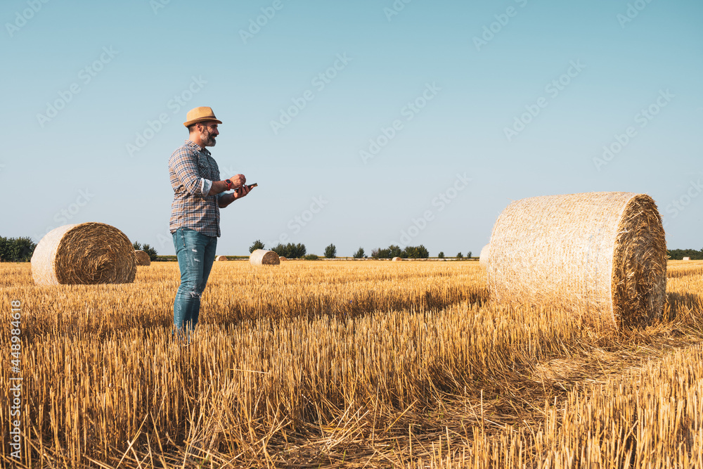 Happy farmer is standing beside bales of hay. He is examining straw after successful harvesting. Happy farmer is standing beside bales of hay. He is examining straw after successful harvesting.