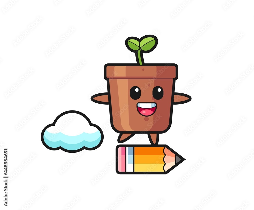 plant pot mascot illustration riding on a giant pencil plant pot mascot illustration riding on a giant pencil